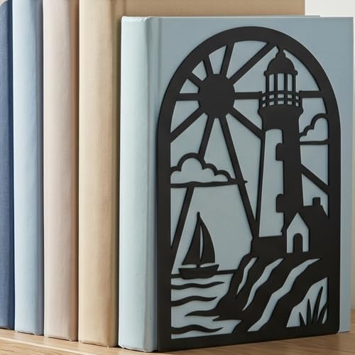 2 Pairs Seaside Landscape Black Metal Bookends for Shelves - Image 5