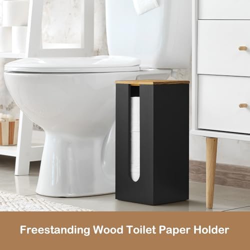 OUTNILI Freestanding Toilet Paper Holder Stand with Lid, Black Wooden Toilet Paper Storage Organizer for Bathroom Floor, Rustic Farmhouse Toilet Paper Storage Holds 3 Extra Large Rolls - Image 4