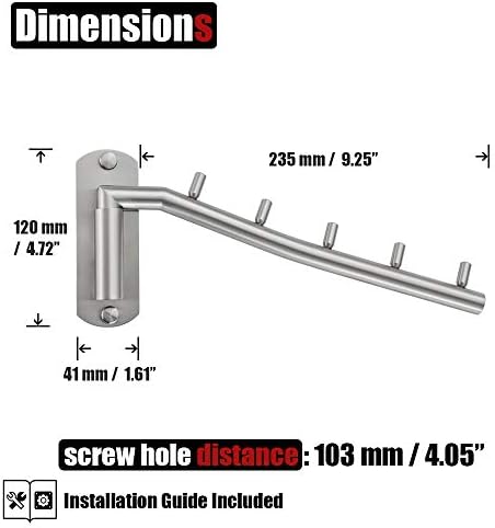 JQK Folding Clothes Hanger Rack, Stainless Steel Swing Arm Hook Holder, Clothing Hanging System Drying Closet Storage Organizer Brushed Finished Wall Mount, SHR100-BN - Image 2