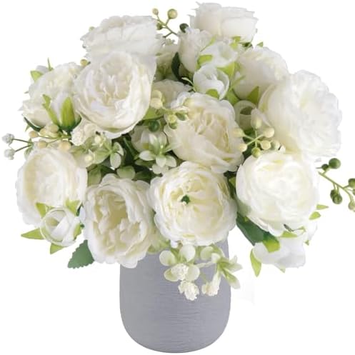 Artificial Peonies Silk Flowers, Faux Peony Bouquet 6 Bundles Florals Arrangements Decor for Farmhouse Home Boho Wedding Table Centerpiece, Fake Plastic Flowers Bulk for Vase Decoration (White, 6PCS) by PUSUNYHOMEDECOR