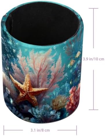 Underwater Corals and Starfish Leather Pen Holder for Desk, Multifunctional Desktop Organizer Pencil Cup, Desktop Caddy Stationery Organizer for School Home Office Desk Accessories - Image 3