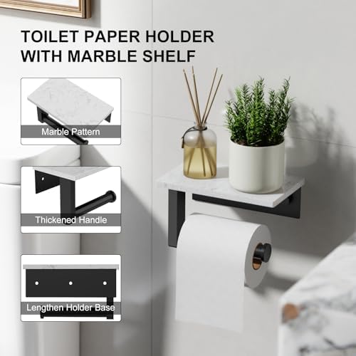Matte Black Toilet Paper Holder with Marble Shelf Tissue Roll Holder - Image 5