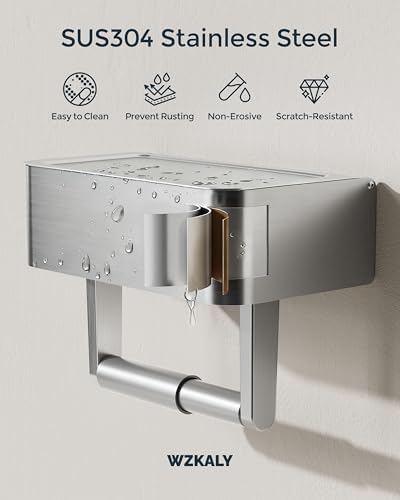 Toilet Paper Holder, Stainless Steel Wall Mount Bathroom Organizer with Shelf, Flushable Wipes Dispenser Storage Fits Any Bathroom and Hide Your Wet Wipes, Regular Roll (nickel) - Image 4
