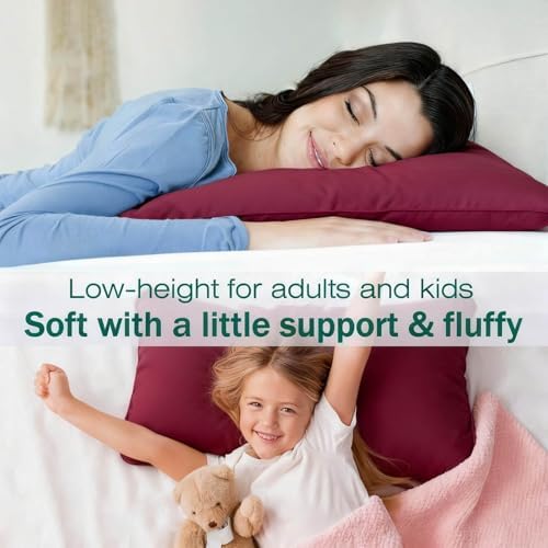 Flat Ultra Thin Bed Pillows Standard Size Pillow Set of 2 Extra Soft Down Alternative for Stomach Back Sleeper Burgundy 20x26inches - Image 2