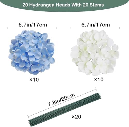 20 Pcs Blue and White Hydrangea Artificial Flowers Bulk, Faux Hydrangea Flowers Heads, Artificial Fake Silk Hydrangea Flowers with Stems, White Flowers Artificial for Decoration Wedding Décor - Image 2