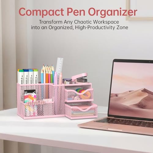 Mesh Desk Organizer with 2 Drawers, Metal Pen Holder for Desk, Pink - Image 4