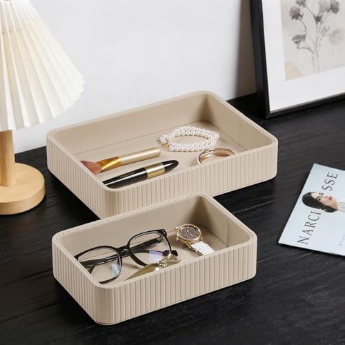 Desk Organizer Tray, PU Leather Nightstand Organizer, Beige 2-Pack - Image 3