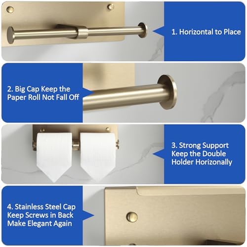 BGL Toilet Paper Holder with Shelf Matte Brushed Gold Double Head Toilet Tissue Roll Holder 304 Stainless Steel Wall Mount for Bathroom - Image 3