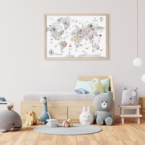 Joocrise Grey Kids World Map Wall Art Animal Map Canvas Wall Art Nursery Wall Decor World Map Poster Childrens Room Decor Playroom Prints Educational Artwork 16x24 Inch Wood Frame - Image 4