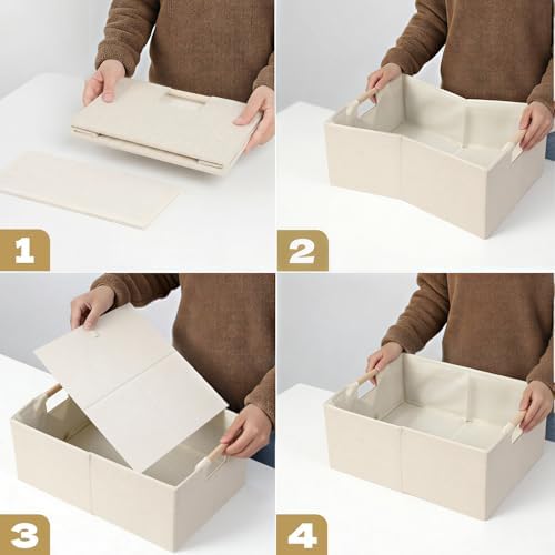 Foldable Fabric Storage Basket for Shelves, Linen Decorative Storage Bin with Wooden Handles, Small Organizer Cube for Closet, Rectangle Canvas Box for Organizing, Decor, 15x10.6x6 Inches (Beige) - Image 4