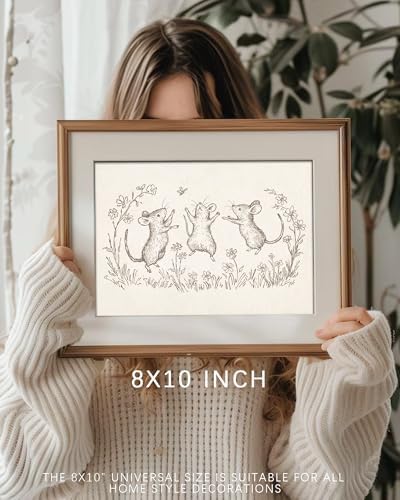 Vodefoad Mouse Sketch Vintage Wall Art Retro Nursery Dancing Mice Art Print Neutral Cottagecore Nursery Decor Farmhouse Rustic Mice Wall Decor for Gallery Nursery Bedroom Bathroom Office - 8x10Inch Unframe - Image 4