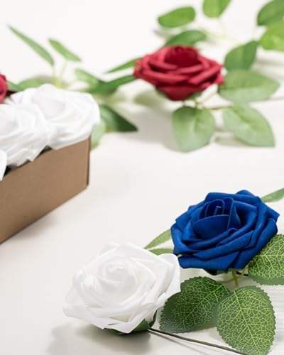 DuHouse 25Pcs Artificial Flowers Foam Roses Fake Roses(Blue White Red) - Image 6
