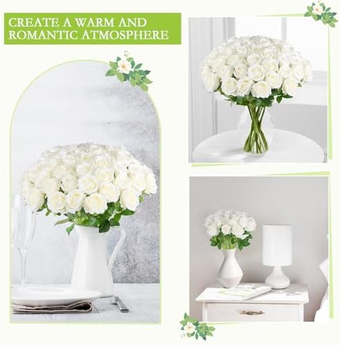 Hananona 50 Pcs Artificial Roses, Realistic Silk Flowers Bulk, White - Image 4