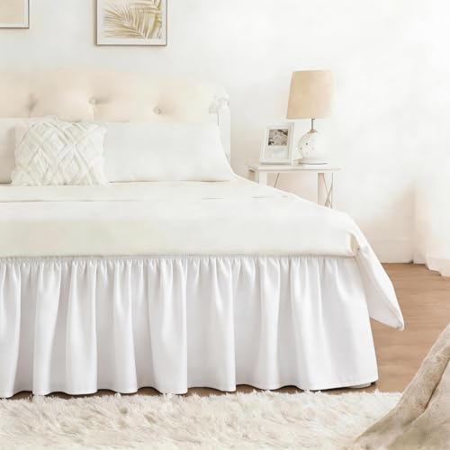 RIMELA White Bed Skirt Queen Size 12 Inch Drop, Wrap Around Elastic Adjustable Bedskirt, Bed skirting Dust Ruffle for Bed Frame & Box Spring Soft Durable Fabric Machine Washable Easy to Install by RIMELABedSkirt