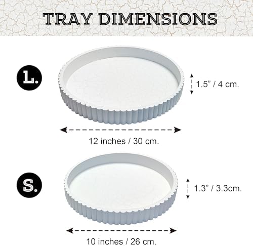 Modern Table 2pcs Nested Round Decorative Trays - Circle Coffee Table Centerpiece Set 12"/10" - Wooden White Crack Finish Bandejas with Fluted Edge - Image 3