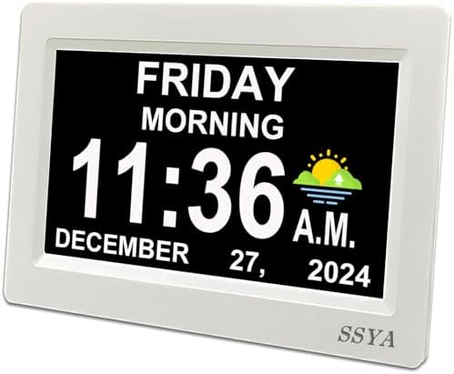 SSYA Digital Calendar Alarm Clock - Dementia Clocks for Seniors, Non-Abbreviated Memory Loss Clock with Date and Time for Elderly (White) by SSYA