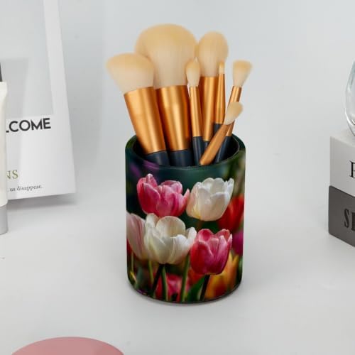 Leather Pen Holder for Desk, Pink White Tulip Pencil Cup Pen Organizer Makeup Brush Holder for Office Home Kids Countertop Desk Accessory Storage - Image 6