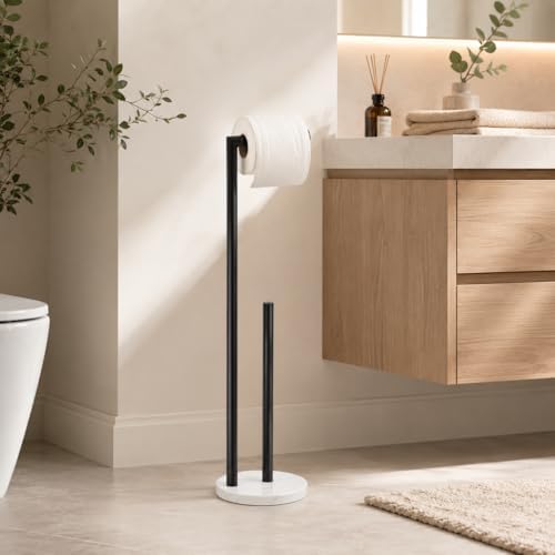 Marble Toilet Paper Holder Stand -Matte Black, Freestanding with Storage, Floor Stand, Silver Toilet Roll Holder, Standing Paper Towel Holder - Image 2