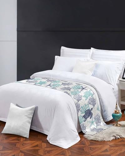 Teal Blue Coastal Bed Runner for King Size Bed, Bedspread Protector Slipcover Bed Scarf for Foot Bed Runners & Scarves for Bedroom Hotel Wedding Room 102x20 Sea Turtle Nautical Coral Summer Beach - Image 3