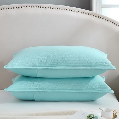 Stripe Quilted Pillowcases Set of 2, King Size Envelope Pillow Covers Soft Breathable Pillow Shams for Bed Couch (Aqua, 20"x36") - Image 3