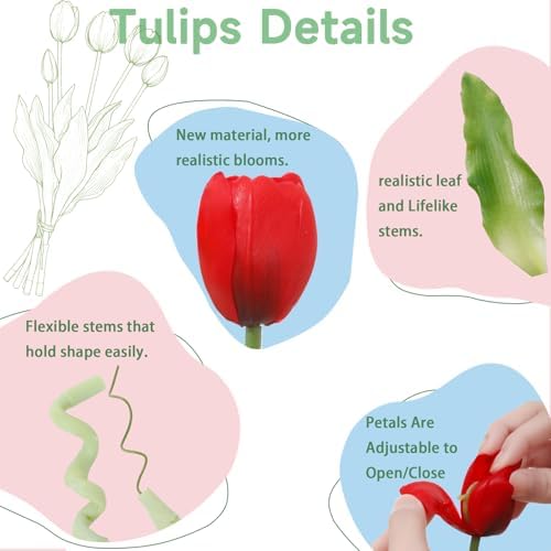 15 Pcs Red Artificial Tulips Fake Flowers, Premium Latex Lifelike Texture, UV Resistant Waterproof Faux Tulip Bouquets with Snap-on Petals for Outdoor, Home, Wedding Decor - Image 3