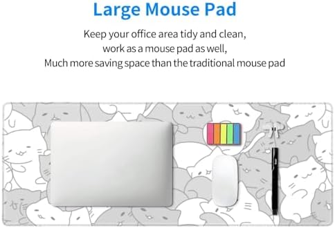 White Kawaii Cats E-Sport Mouse Pad Large Desk Mat Non-Slip Rubber Base Stitched Edge Keyboard Mouse Pad for Office Home E-Sport Computer Laptop, 31.5×11.8 Inches - Image 5