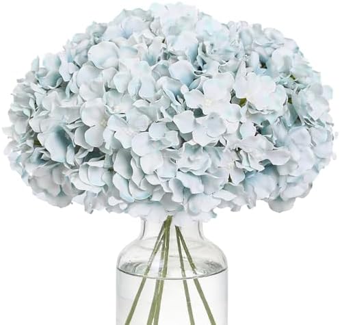 Fake Blue Hydrangea Artificial Flowers - Faux Silk Hydrangeas Flowers Heads with Stems Real Touch for Home Wedding Party Table Decor(Light Blue,Pack of 10) by FLORRALIAArtificialFlowers