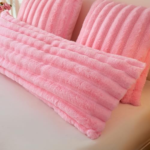 MEGO 20x54 Body Pillow Cover, Fluffy Wide Ribbed Faux Rabbit Fur, Pink - Image 6