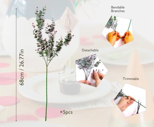 5Pcs Artificial Eucalyptus Stems，Artificial Greenery Fake Dust Frosted Eucalyptus Branches Leaves，Fake Plants for Decoration (Dusty Mauve-26.77 in) - Image 2