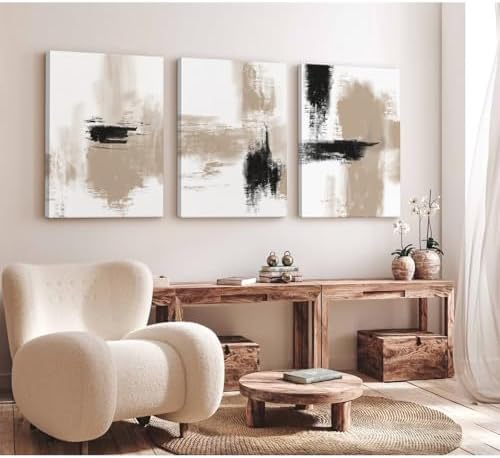 Joocrise Beige Abstract Wall Art Painting Set of 3 Neutral Canvas Wall Art Prints Black Beige Modern Wall Decor Minimalist Art Pictures Abstract Modern Artwork for Room Bedroom 24x36 Inch Unframed - Image 3