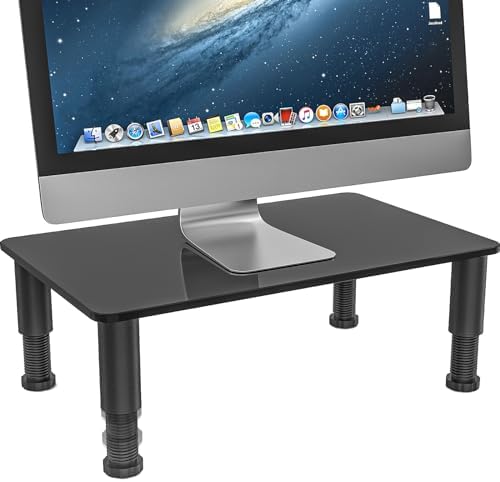 Glass Computer Monitor Stand Riser with Height Adjustable Multi Media Desktop Stand for Flat Screen LCD LED TV, Laptop/Notebook/Xbox One, Black HD01B-002 by HEMUDU