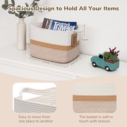 Goodpick Woven Rope Storage Basket for Shelves, White & Camel Mix - Image 3