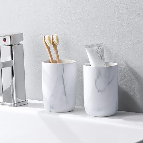 Marble Toothbrush Holders - 2 Ceramic Toothbrush Holders for Bathrooms Toothbrush Toothpaste Holders Set, White Bathroom Tumbler Cups Reusable Toothbrush Mouthwash Cup, Bathroom Counter Organizer. - Image 7