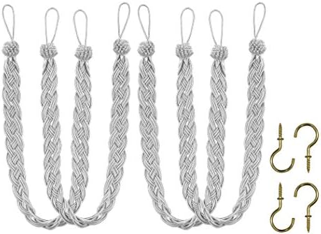 Home Queen Handwoven Rope Curtain Tiebacks for Drapes, 4 Pack Rope Holdbacks with Hooks, 23 Inch Long Polyester and Cotton Braided Tie Backs for Thick and Sheer Curtains,Silver by HomeQueen