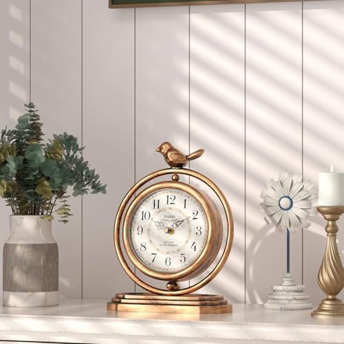 Gold Vintage Table Clock with Bird, European Retro Mantel Clocks - Image 3