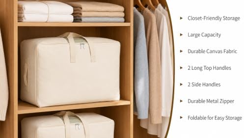 DoYiKe Soft Large Canvas Comforter Storage Bags with Four Carrying Handles and Clear Window, Closet Organizer for Clothing, Blankets Sheets Pillows and Bedding, 80L, Beige - Image 6