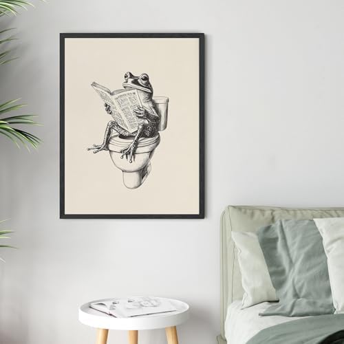 RINMFEO Funny Frog Bathroom Canvas Art Retro Frog on Toilet Reading Newspaper Quirky Wall Decor Playful Animal Poster 16x24inch Black frame - Image 4