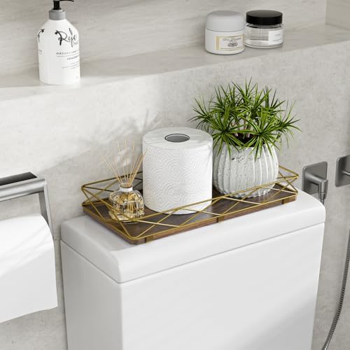 Lixple Toilet Paper Basket, 13" Bathroom Toilet Tank Tray Brown-Gold - Image 3