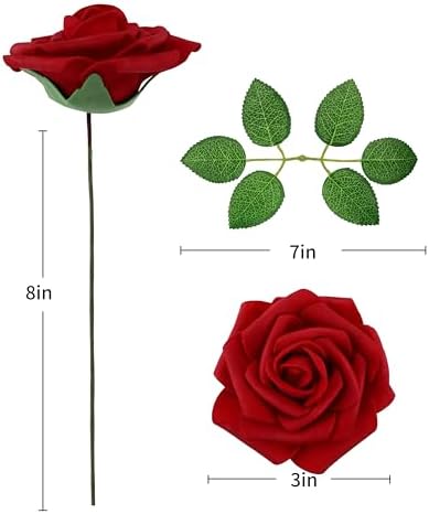 DuHouse 50Pcs Artificial Flowes Foam Roses Real Touch with Stems(Dark Red) - Image 7