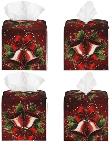 Christmas Holly Red Bell Tissue Box Cover Square Leather Tissue Case Holder Facial Paper Organizer Decorative for Tabletop Night Stands Desk Bathroom Kitchen Car Office Home Decor - Image 2