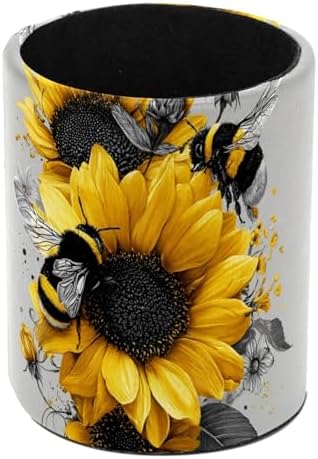 Faux Leather Pen Holder for Desk, Pencil Organizer Bee and Sunflowers Pen Cup Desk Decor Makeup Brush Holder Storage for Office Home by DragonBtu