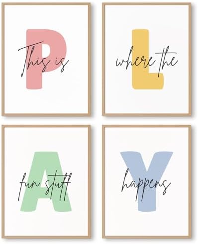 Baccone Kids Playroom Wall Art Decor Play Room Poster Baby Boy Kids Nursery Canvas Wall Decor Toddler Children Playroom Print Artwork Let's Play Sign Pictures for Bedroom 8x10 Inch Set of 4 UNFRAMED by Baccone