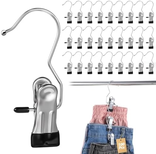 100 Pcs Legging Organizer for Closet Hanging - Stainless Steel Jeans Hangers with Clips, Multi-Purpose Skirt Hangers with Clips for Pants, Shorts, Towels, Boots Storage and Space Saving Solution by HOFURME