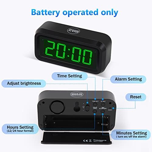 Digital Alarm Clock Battery Operated with LED Display for Bedrooms, Long Battery Life for 12 Months, 3 Brightness Adjustable, 12/24 Hour, Snooze, Black Case with Green Digits - Image 4