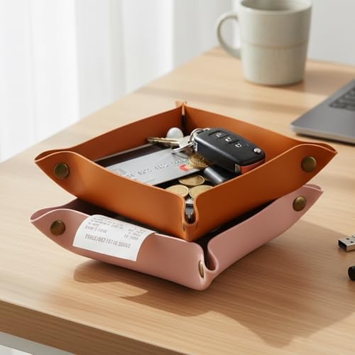 8 x 8 Inch Pink PU Leather Valet Tray for Keys, Coins, Jewelry and Phone - Image 4