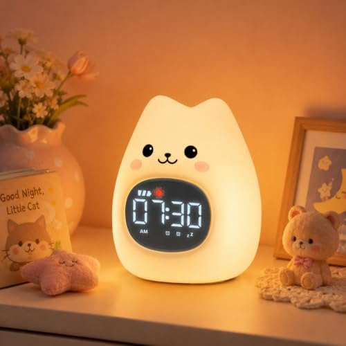 Cat Kids Alarm Clock with Night Light, OK to Wake Clock for Toddler by Aokpsrt