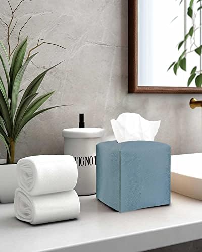 Tissues Cube Boxes Cover Leather – with Bottom Belt [JESMINI, Dark Pastel Blue] Stylish Leather Tissue Cube Box Holder Decorative for Bathroom Vanity Countertop/Night Stands/Office Desk - Image 4