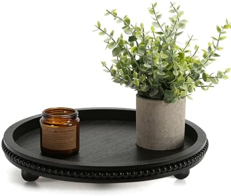 Wooden Round Black Beaded Decorative Tray for Coffee Table by SYNCVIBE