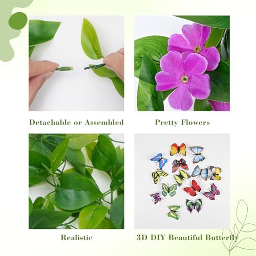 BLEUM CADE Artificial Hanging Flowers for Outdoors, 4pcs Fake Hanging Plants Pothos Vines with Purple Flowers for Wall Home Living Room Indoor Outdoor Decor (No Baskets) - Image 7
