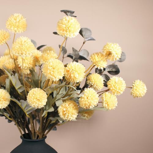 Yellow Flowers Artificial 10 Long Stems Kiku Flower With Eucalyptus - Image 4